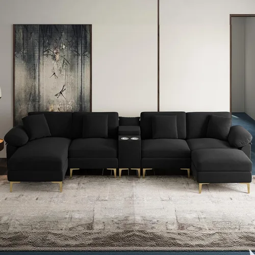 Vista 22 de OUYESSIR Sofá modular en forma de L, sofá de terciopelo de 3 plazas con otomana y almohadas, cómodo sofá cama tapizado para sala de estar, Verde