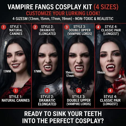 Vista 3 de Zhanmai 12 pares de disfraz de dientes de vampiro, 4 tamaños, colmillos falsos con 2 pellets de dientes para accesorios de cosplay, accesorios