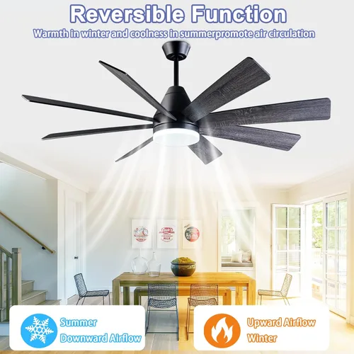 Vista 5 de Ventilador de techo iluminado de 62 pulgadas, negro, con control remoto, función de memoria completa, funcionamiento silencioso, ideal para garajes