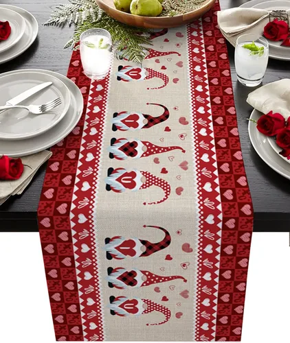 Vista 12 de Camino de mesa para decoración del día de San Valentín, diseño de gnomo, corazón, rojo, a cuadros, búfalo, algodón, lino, decoración de mesa