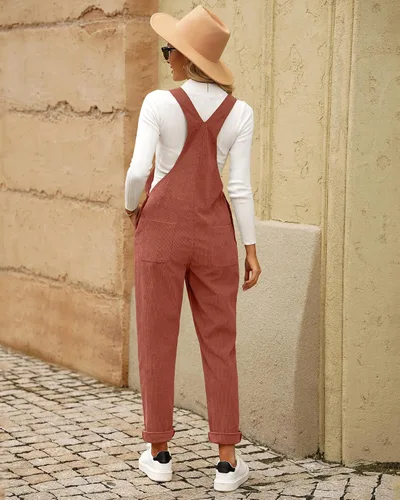 Vista 6 de LookbookStore Overol de pana para mujer, con tirantes ajustables, overol de moda con bolsillo