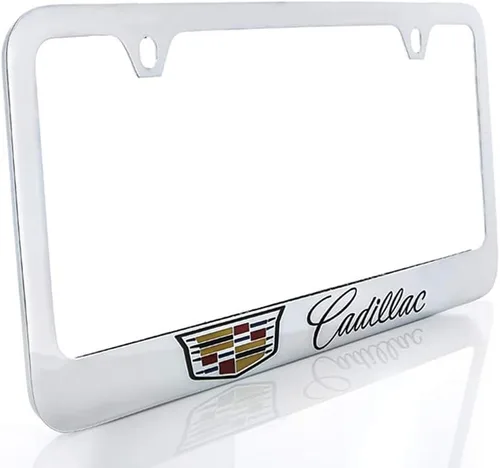 Vista 6 de Cadillac con Crest marco de matrícula de zinc con acabado negro brillante (2 agujeros)