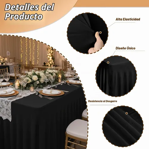Vista 3 de Fixwal Paquete de 2 manteles de elastano negro para mesa rectangular de 4 pies, falda de mesa para fiesta, espectáculo, boda y cumpleaños