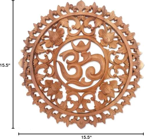 Vista 4 de NOVICA Panel de relieve de madera Om Corona floral hecho a mano