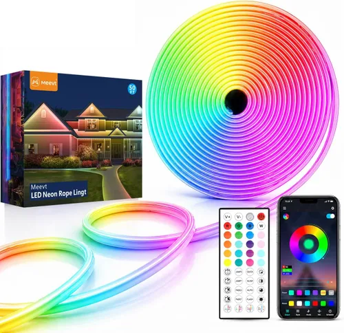 Vista 14 de Luces LED de neón en forma de cuerda, tira de luces de neón blancas cálidas de 16.4 pies/5m, tira LED impermeable flexible de 12V, luces de neón