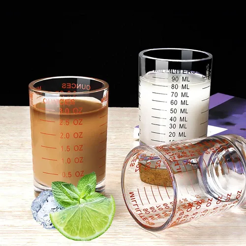 Vista 4 de Taza medidora de vidrio de chupito, 3 onzas/3.0 fl oz, taza de vidrio de café expreso pesado líquido, 2 piezas (negro 3.0 fl oz, 2 unidades)