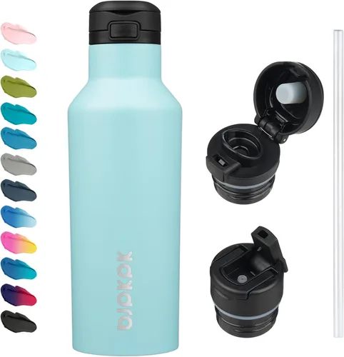 Vista 20 de BJPKPK Botella de agua aislada con pajilla, botellas de agua de acero inoxidable de 17 onzas con 2 tapas y asa de transporte, botella térmica