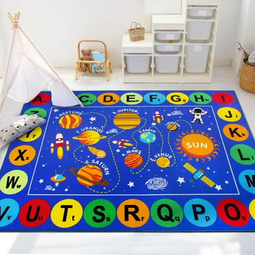 Vista 8 de Capslpad Alfombra de aula con sistema solar, 6.6 x 9.8 pies, antideslizante, con alfabeto ABC, alfombra para niños, alfombra educativa de área