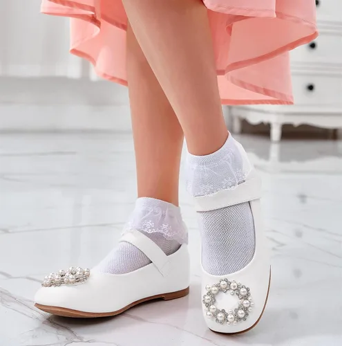 Vista 3 de Coutgo Zapatos Mary Jane para niñas, zapatos de ballet de princesa con perlas, para fiesta escolar, para boda, zapatos de vestir para niños pequeños