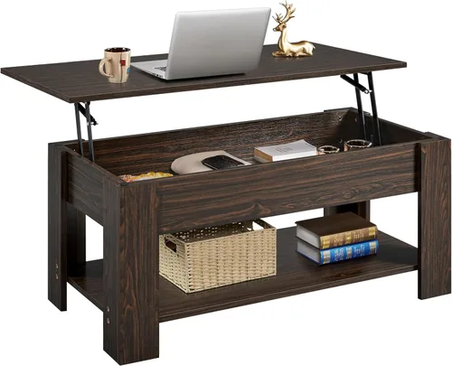 Vista 11 de Yaheetech Mesa de café de madera, mesa de centro con estante de almacenamiento oculto grande, mesa de comedor con superficie elevada para sala