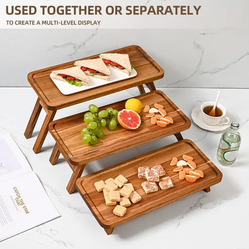 Vista 8 de GEHE Bandeja de servir de 3 niveles, bandeja escalonada de madera de acacia plegable, juego de exhibición de mesa de postre, decorada para tablas