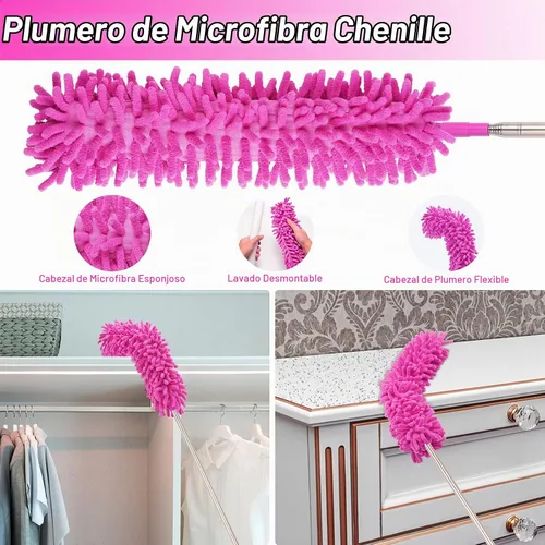 Vista 4 de Plumeros de microfibra para limpieza, plumeros con poste de extensión, plumeros flexibles y lavables para ventiladores de techo alto, persianas