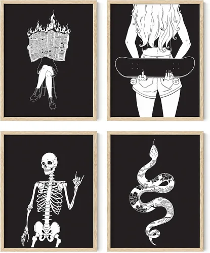 Vista 14 de HAUS AND HUES Decoración gótica de pared, juego de 4 impresiones de Halloween, arte de pared de terror y esqueleto, obra de arte espeluznante