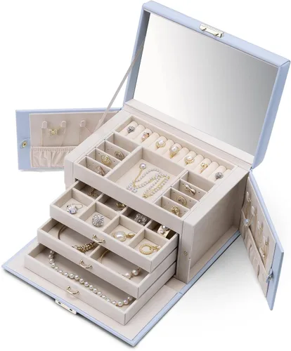 Vista 7 de Vlando Joyero organizador con cerradura con llave, bandeja de joyería de 3 cajones para collares, aretes, anillos, soporte de exhibición, espejo