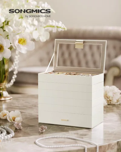 Vista 2 de SONGMICS Bandejas de joyería apilables, caja de joyería de 6 niveles, organizador de joyas con cajón, con tapa de vidrio, divisores extraíbles