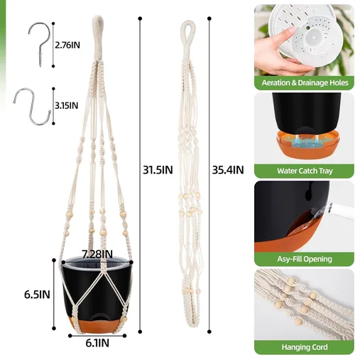 Vista 5 de Paquete de 2 macetas colgantes de riego automático de 7.2 pulgadas para plantas de interior y exterior, macetas colgantes de macramé de 34 pulgadas