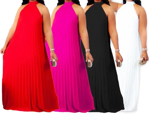 Vista 3 de Aro Lora Vestido largo de gasa sin mangas para mujer, estilo casual, con cuello halter, plisado, holgado, de talla grande