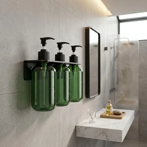 Vista 5 de Green Pump Bottles 500ml 3 Pack with Wall Mount for Soap Shampoo Lotion