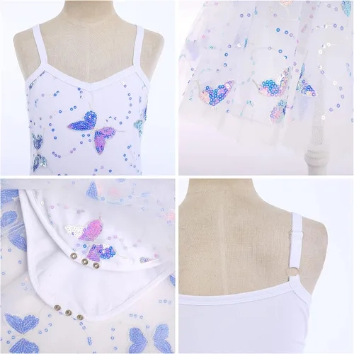 Vista 5 de AFAVOM Camisola de lentejuelas de mariposa para niñas, vestido de ballet con volantes, falda tutú con purpurina, leotardo, disfraz de bailarina