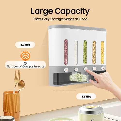 Vista 2 de Dispensador de arroz con taza, dispensador de alimentos secos de 5 rejillas montado en la pared, cubo de arroz, contenedor de almacenamiento