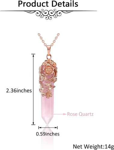 Vista 5 de Jovivi Flower Wrapped Natural Healing Crystal Pointed Necklace Hexagonal Prism Gemstone Pendant Pendulum Necklace Reiki Jewelry Quartz for Women Men