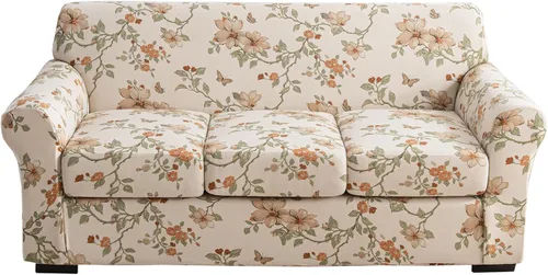 Vista 54 de KRFOONN Funda de sofá de 4 piezas con estampado para sofás de 3 cojines, funda elástica con 3 fundas de cojín separadas, protector de muebles