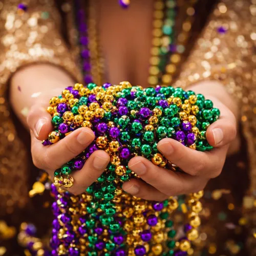 Vista 3 de Oojami 144 cuentas de Mardi Gras a granel, collares metálicos redondos de 33 pulgadas de 0.276 in, regalos de fiesta dorados, verdes y morados