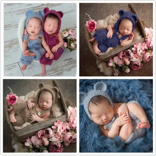 Vista 6 de Vemonllas Accesorios de fotografía para recién nacidos trajes para niños y niñas gorro de oso mohair y con pantalones de tirantes accesorios