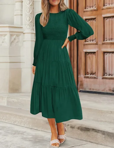Vista 2 de ZESICA Vestido midi casual de manga larga con cuello redondo, cintura alta, fruncido, fluido y escalonado para mujer