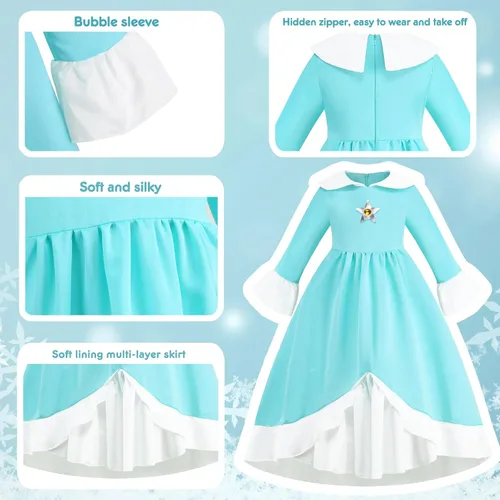 Vista 2 de CONGRU Princess Peach Costume for Girls, Super Brothers Kids Princess Peach Dress with Accessories Halloween Cosplay Dress Up