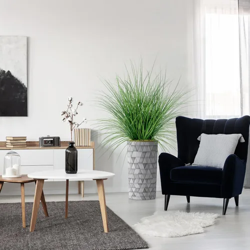 Vista 11 de Árbol artificial en maceta moderna con patrón triangular, palmera tropical areca artificial de seda para decoración del hogar en interiores