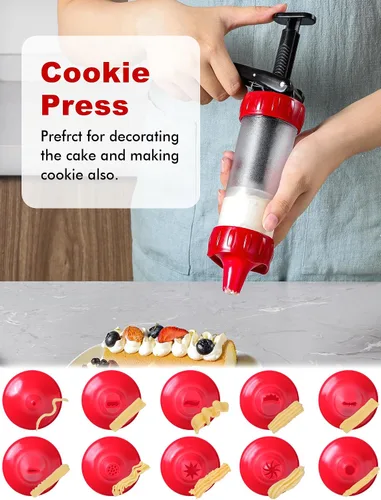Vista 4 de Juego de prensa para galletas, máquina para hacer churros con 12 moldes y 10 puntas para decorar pasteles, prensa para galletas y churros, rojo