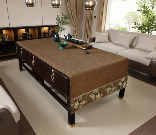Vista 7 de Funda rectangular para mesa de café con flores bordadas. Mantel de mesa de café beige y camino de mesa de té para sala de estar, lavable a máquina