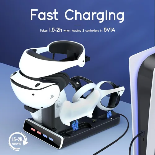 Vista 2 de Base de carga de controlador 3 en 1 para PSVR2 y PS5, pantalla de soporte de realidad virtual con luz LED, base de almacenamiento PS5 VR2