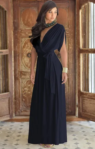 Vista 4 de KOH KOH Vestido largo semiformal de manga corta con cuello en V para mujer