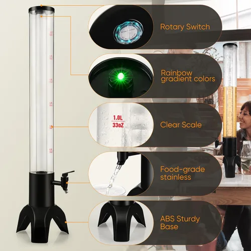 Vista 3 de Mimosa Tower, dispensador de torre de bebidas de 100 oz/3 L con tubo de hielo y luz LED, dispensador de cerveza de mesa (1 unidad)