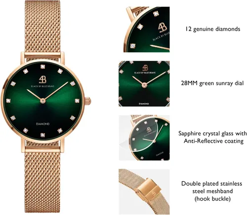 Vista 2 de BLACK BY BLUE BRAVE Womens Watch Trendy Green Watches for Women 12 Genuine Diamond Watch Markers 28 mm Watches for Women Green Sunray Dial with Rose