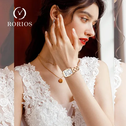 Vista 2 de RORIOS Reloj analógico de cuarzo con correa de acero inoxidable impermeable retro cuadrado reloj elegante para damas y niñas