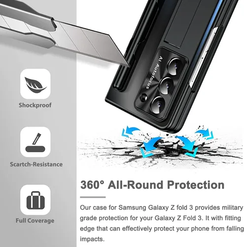Vista 3 de Miimall Funda compatible con Samsung Galaxy Z Fold 3 con S Pen, protector de pantalla frontal integrado + soporte + soporte para bolígrafo, funda