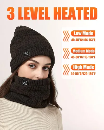 Vista 3 de Sombrero calefactable - Juego de bufanda y sombreros calefactores para hombres y mujeres, batería de 4000 mAh, 3 controles de temperatura