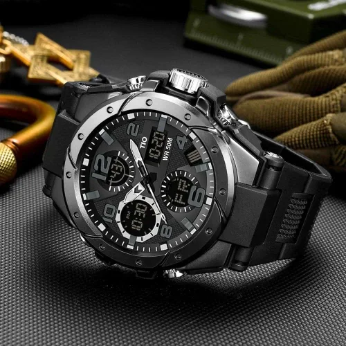 Vista 4 de Reloj para hombre TIO, militar, cronógrafo, digital, deportivo, resistente a los golpes y al agua, 5 ATM, negro, Negro, Deporte, casual, a la moda