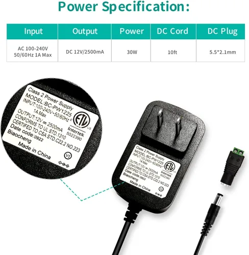 Vista 3 de Adaptador de fuente de alimentación de 12 V, 2.5 A, 30 W, ETL, CA a CC (entrada 100-240 V, salida 12 voltios 2.5 amperios), cable de 10 pies