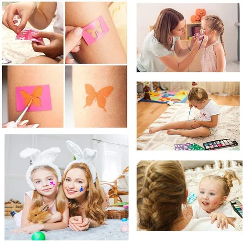 Vista 7 de Kit de plantillas de pintura facial y corporal para niños (paquete de 128 unidades), reutilizables, suaves y fáciles de pegar, plantillas