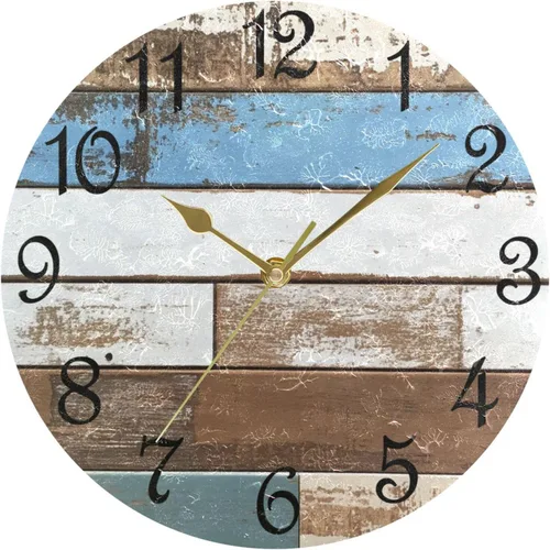 Vista 5 de Reloj de pared rústico retro con puerta de granero de madera, marrón, azul, funciona con pilas, silencioso, sin tictac, 10 pulgadas, reloj de mesa