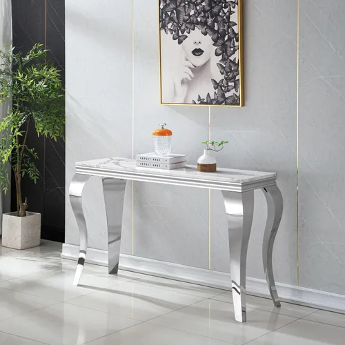Vista 37 de Mesa de centro de 47 pulgadas de mármol negro con base en forma de U de acero inoxidable espejado, mesa central de parte superior rectangular