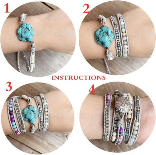 Vista 5 de Ygline Pulsera bohemia hecha a mano, con piedra de cristal, envolvente, de cuero, para mujer