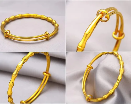 Vista 5 de Delicada pulsera de bambú de la suerte chapada en oro, pulseras de bambú de eslabones de cadena ajustables, pulsera de boda de bambú de riqueza