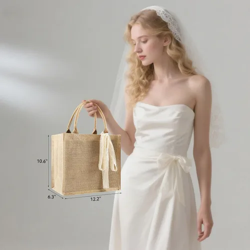 Vista 2 de 3 bolsas de arpillera a granel, bolsa de yute reutilizable con cinta de 5 yardas, bolsa de regalo de arpillera en blanco con asa, bolsa de playa