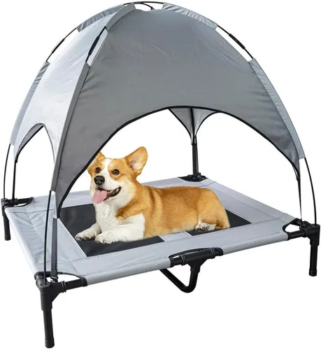 Vista 11 de Cama elevada impermeable para perros con toldo y malla de refrigeración – Cuna elevada portátil para perros grandes, tienda de campaña
