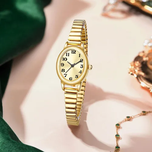 Vista 3 de ADSBIAOYE Relojes pequeños de oro para mujer, números arábigos, fácil de leer, reloj analógico con banda de expansión de acero inoxidable